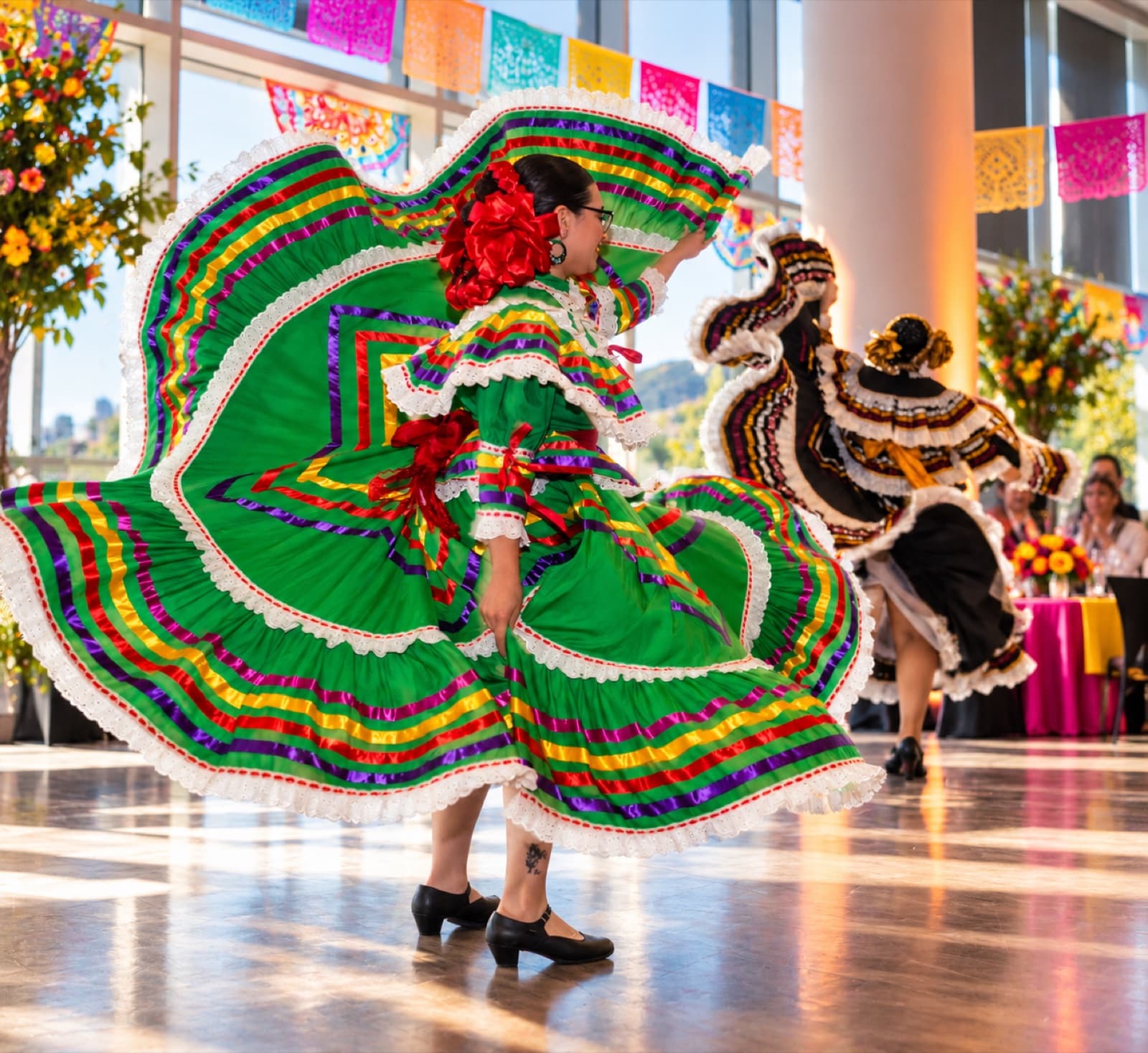 Folklórico dancer in a vibrant ribbon dress twirling at a celebration event
